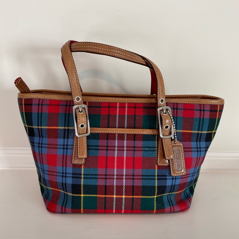 Coach plaid purse with leather trim